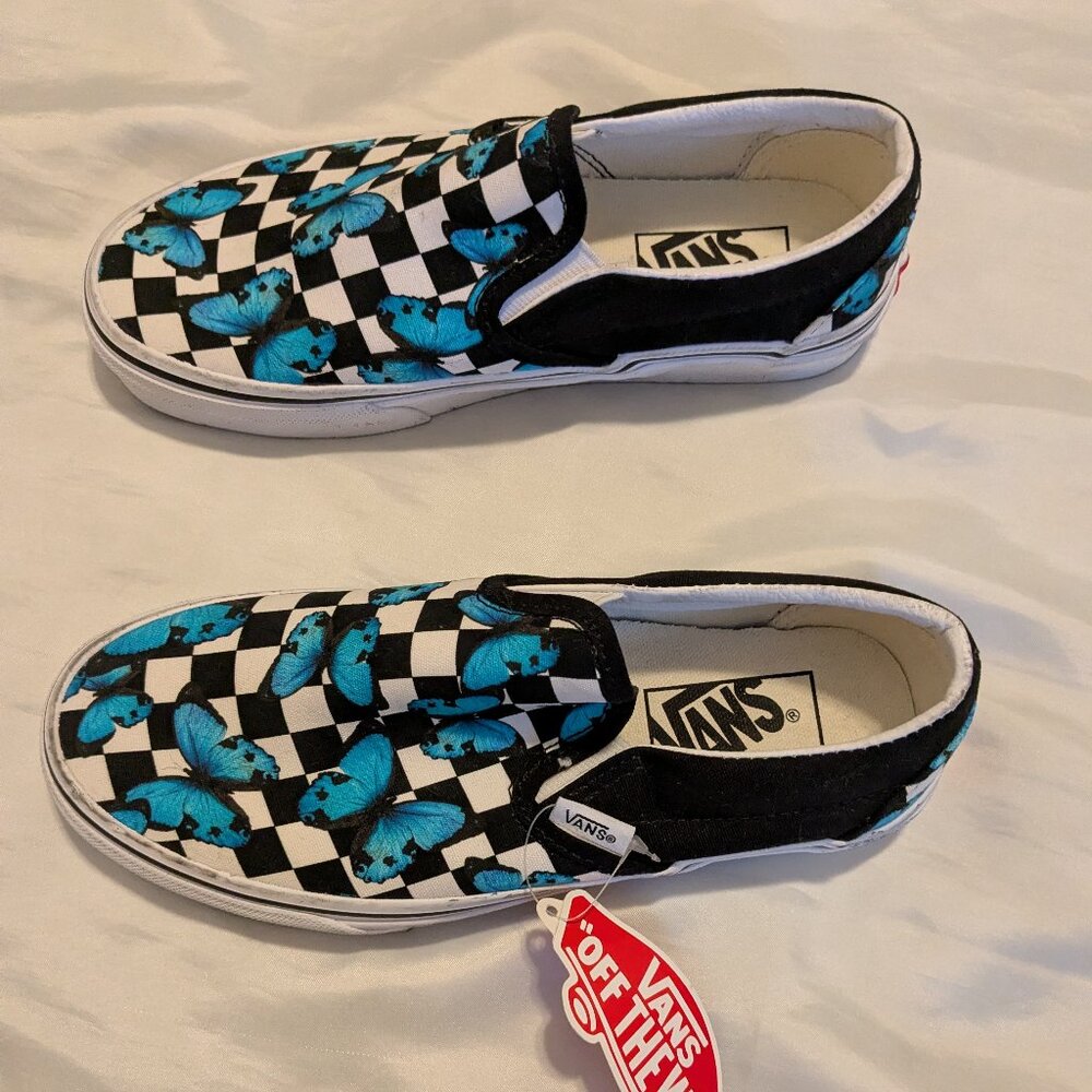 Vans black check/blue butterfly slip on sizes W6 ... M4.5 - Picture 4 of 7